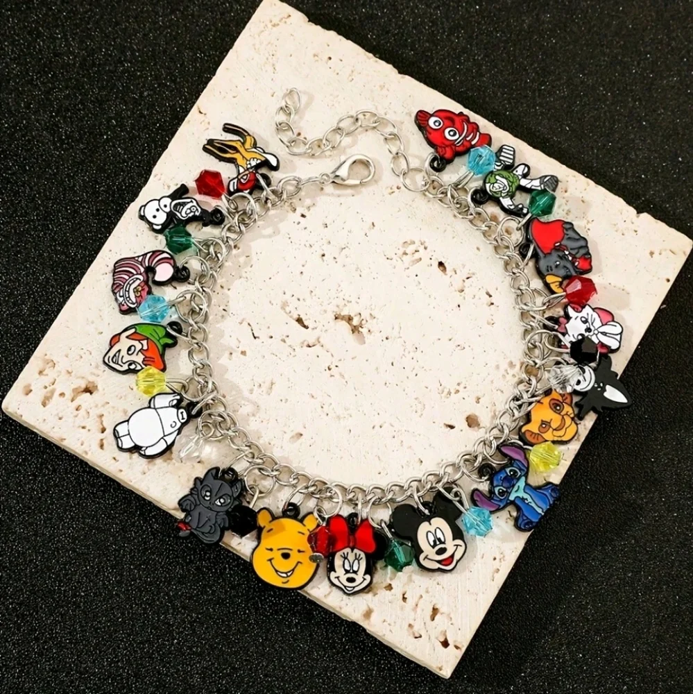Sterling Silver Official Disney Characters Charm Bracelet with Beads & Pendants‎